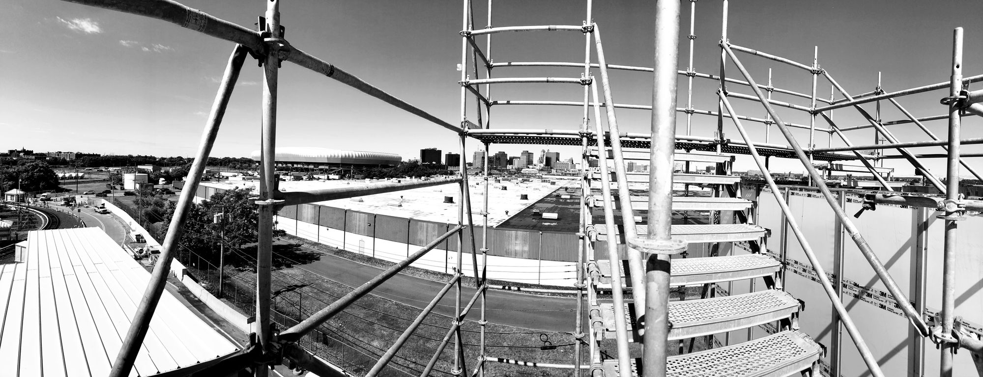 Scaffold access tower with the Newark skyline beyond